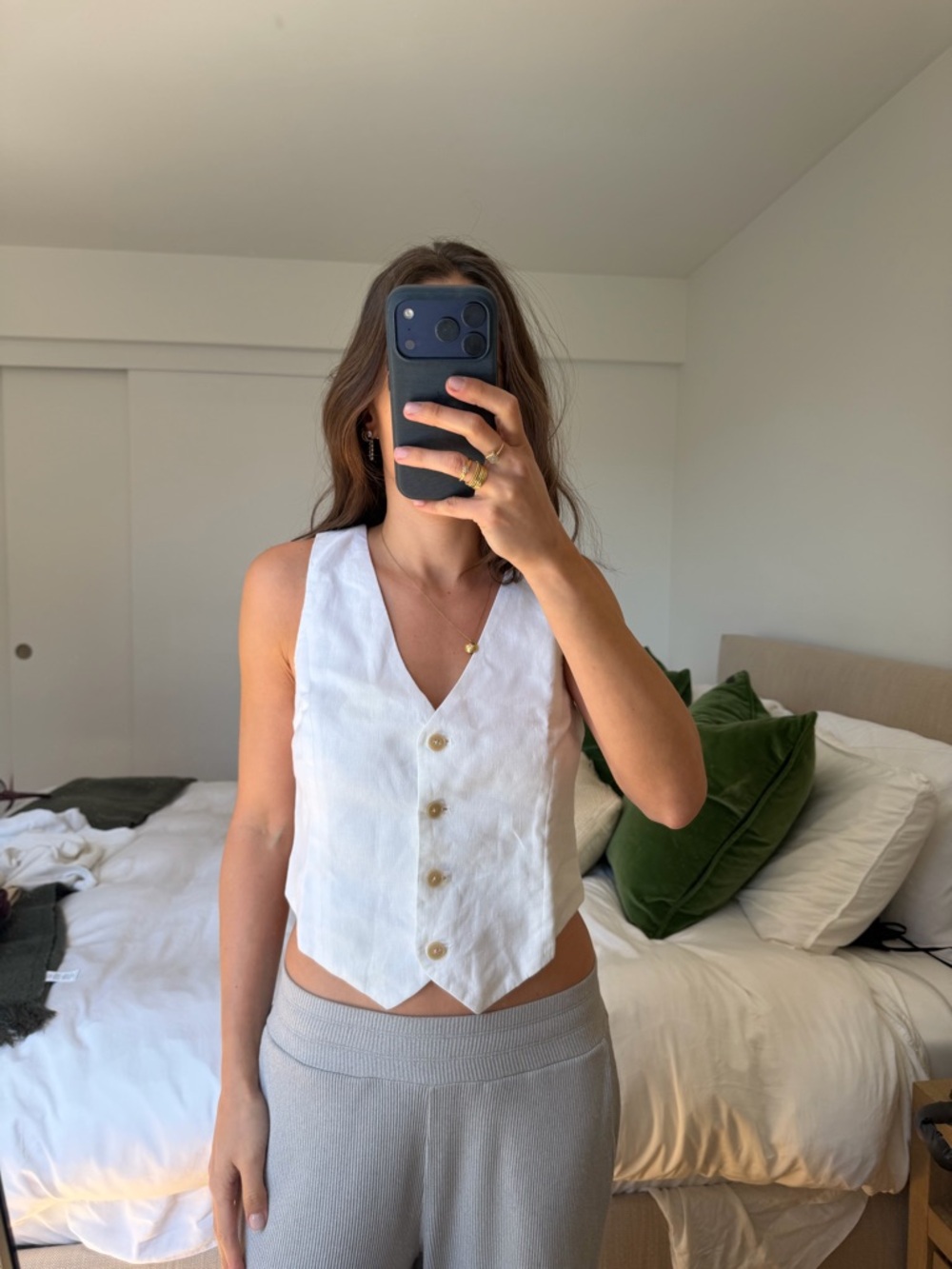 Aritzia White Linen Button Front Vest Top